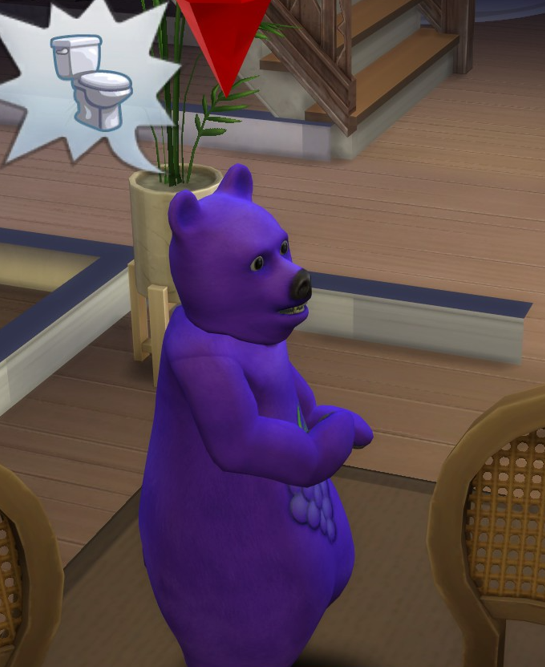 A Sims 4 screenshot, Ajei in a bright purple bear suit.