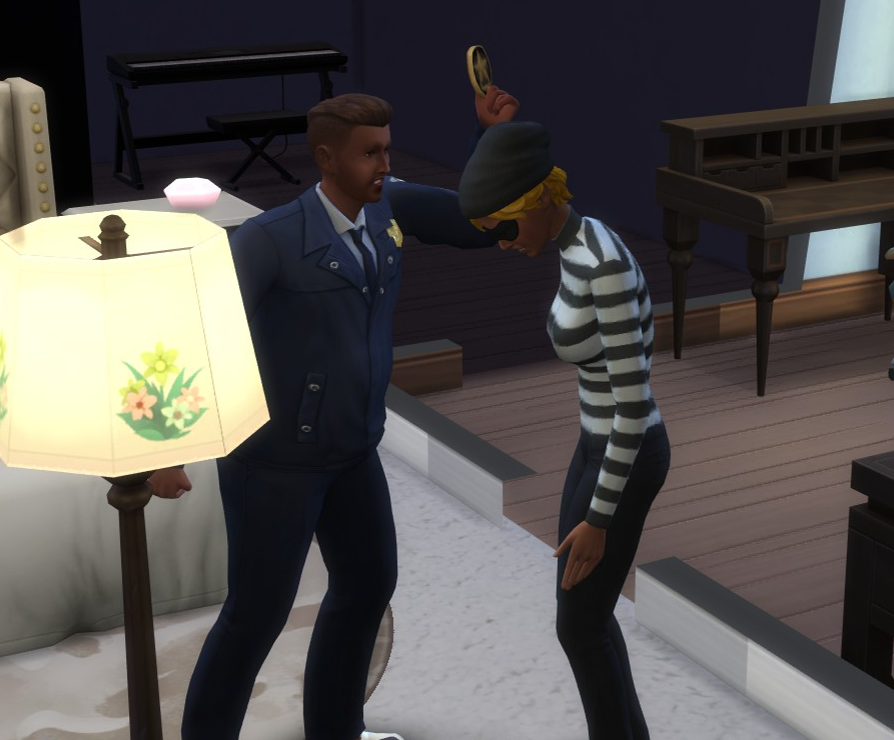 A Sims 4 screenshot, A police officer aprehending a criminal inside of Doba's bedroom