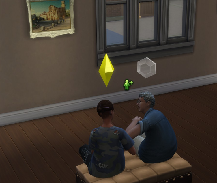 A Sims 4 screenshot, Ajei and Etan on a museum bench chatting positively.